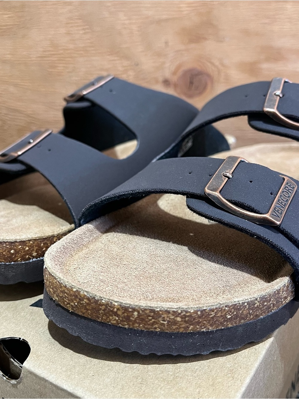 Women's Dark Brown Double-Buckle Cork Footbed Slides